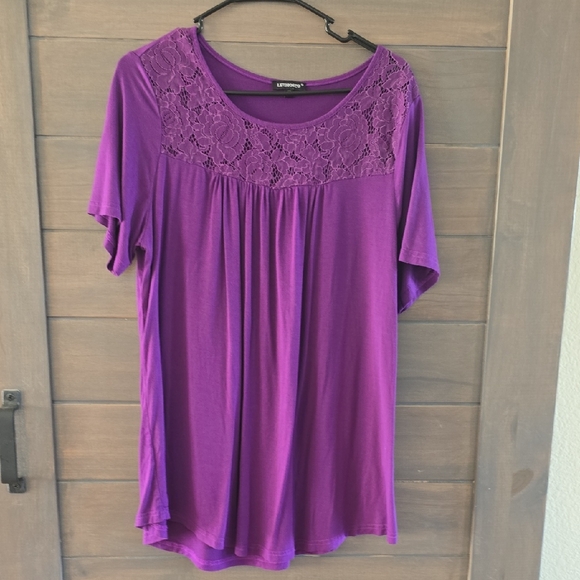 Letdiosto Women's Purple Short Sleeve Top with Lace - Picture 1 of 7